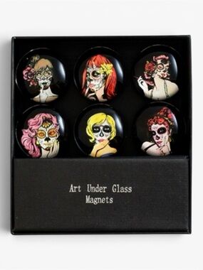 Dia de los Muertos Sugar Skull Glass Magnets Set of 6 NWT
